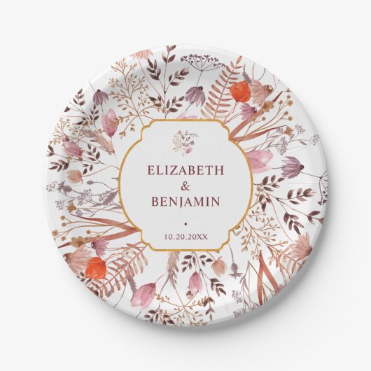 Gold Rustic Boho Chic Fall Wildflowers Wedding ペーパープレート (正面)