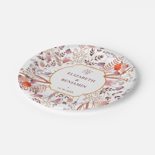 Gold Rustic Boho Chic Fall Wildflowers Wedding ペーパープレート (アングル)