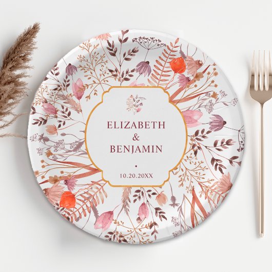 Gold Rustic Boho Chic Fall Wildflowers Wedding ペーパープレート