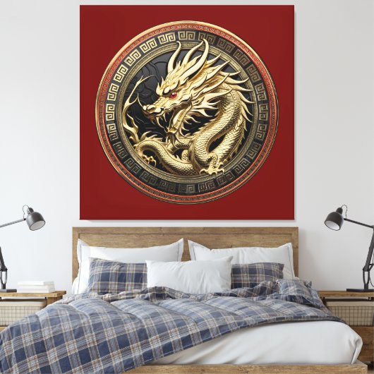 Gold Sacred Eastern Dragon Medallion キャンバスプリント (インサイチュ (寝室))