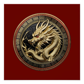 Gold Sacred Eastern Dragon Medallion ポスター