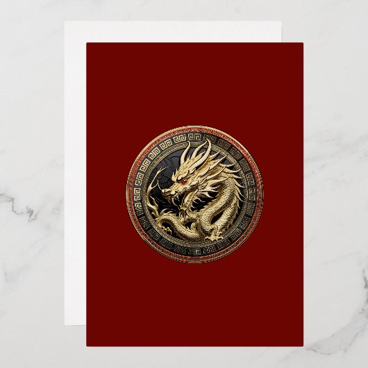 Gold Sacred Eastern Dragon Medallion on Red Velvet 箔招待状 (正面/裏面)
