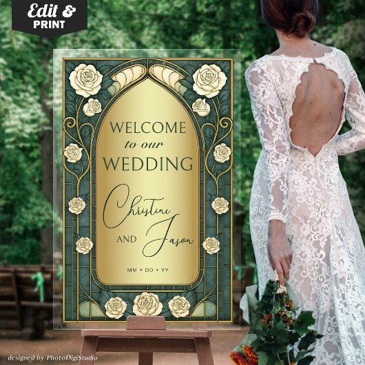 Gold Sage Stained Glass Floral Wedding Welcome  アクリルサイン