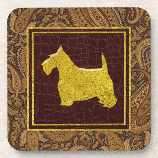 Gold Scottish Terrier Paisley and Leather Patterns コースター (正面)