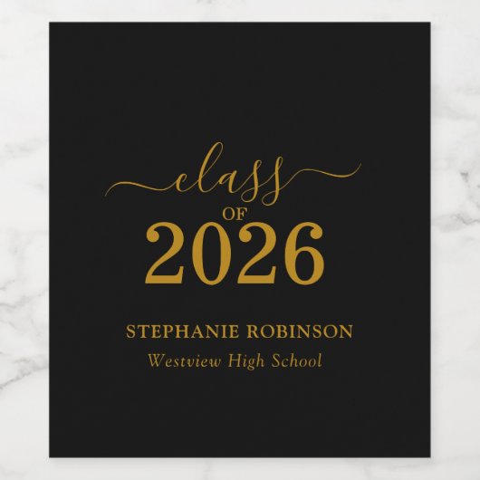 Gold Script Class of 2026 On Black Grad Party ワインラベル (シングルラベル)