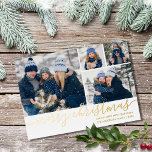 Gold Script Merry Christmas 4 Photo Gold 箔シーズンカード<br><div class="desc">An elegant real gold foil photo holiday card featuring your special favorite 4 photos and your family name and date set in classic modern typography. Designed by Thisisnotme©</div>