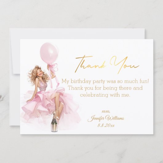 Gold Script Pink Dress Girl Birthday Thank You ノートカード (正面)