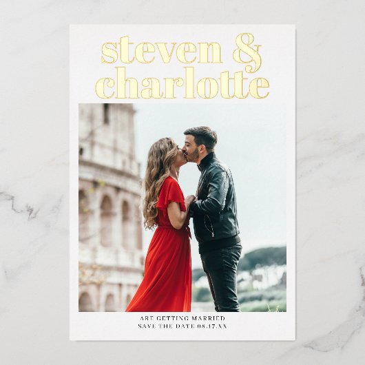 Gold script save the date wedding photo 箔招待状 (正面)