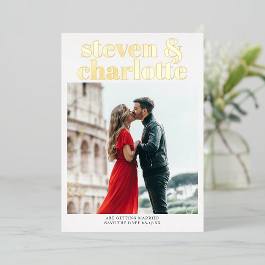 Gold script save the date wedding photo 箔招待状 (立ち正面)