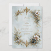 Gold Scroll Frame White Floral Dusty Blue Wedding 招待状 (正面)