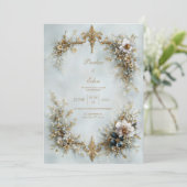 Gold Scroll Frame White Floral Dusty Blue Wedding 招待状 (スタンド正面)