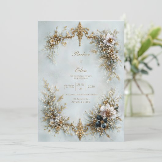 Gold Scroll Frame White Floral Dusty Blue Wedding 招待状 (スタンド正面)
