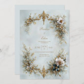 Gold Scroll Frame White Floral Dusty Blue Wedding 招待状 (正面/裏面)