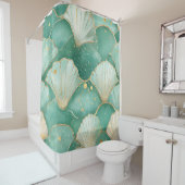 Gold Sea Shell Wave Pattern in Aqua Teal シャワーカーテン (インサイチュ)
