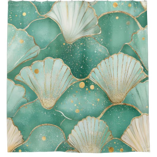 Gold Sea Shell Wave Pattern in Aqua Teal シャワーカーテン (正面)