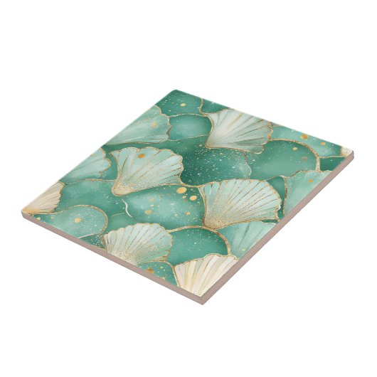 Gold Sea Shell Wave Pattern in Aqua Teal タイル (側面)