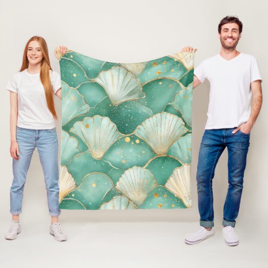 Gold Sea Shell Wave Pattern in Aqua Teal フリースブランケット (インサイチュ)
