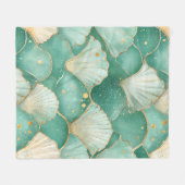 Gold Sea Shell Wave Pattern in Aqua Teal フリースブランケット (正面(横))