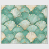 Gold Sea Shell Wave Pattern in Aqua Teal ラッピングペーパー (フラット)