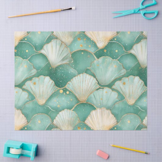 Gold Sea Shell Wave Pattern in Aqua Teal 薄葉紙 (クラフト)