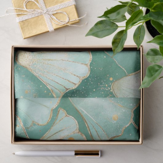 Gold Sea Shell Wave Pattern in Aqua Teal 薄葉紙 (ギフト)