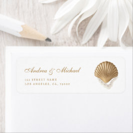 Gold Seashell Coastal Wedding Address Label ラベル