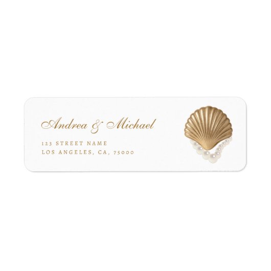 Gold Seashell Coastal Wedding Address Label ラベル (正面)