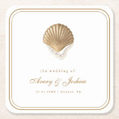 Gold Seashell Coastal Wedding Drink スクエアペーパーコースター (正面)