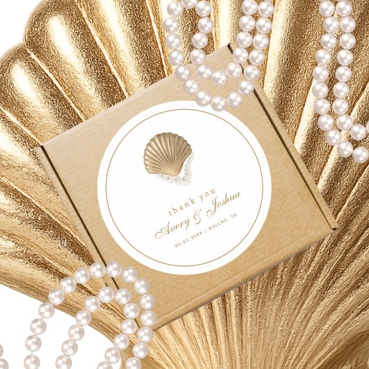Gold Seashell Custom Coastal Wedding Favor ラウンドシール