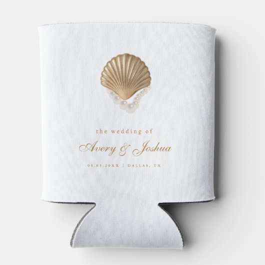 Gold Seashell Custom Coastal Wedding Favor 缶クーラー (裏面)