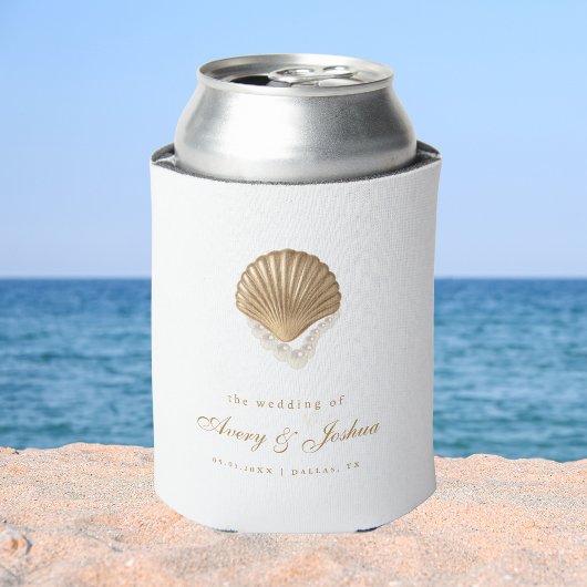 Gold Seashell Custom Coastal Wedding Favor 缶クーラー