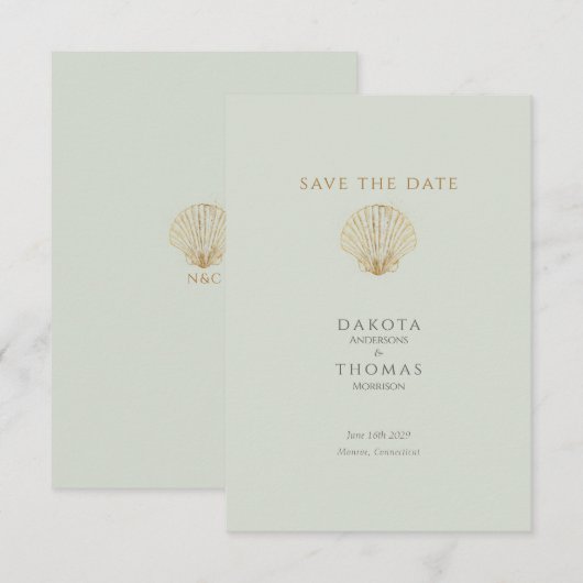 Gold Seashell Mute Sage Wedding Save the Date (正面/裏面)