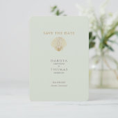 Gold Seashell Mute Sage Wedding Save the Date (スタンド正面)