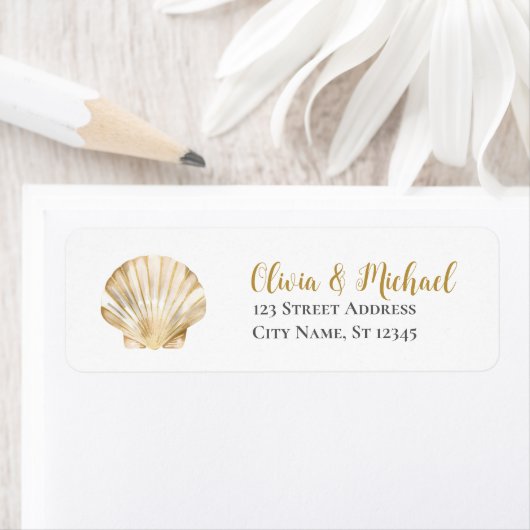 Gold Seashell Scallop Wedding Return Address  ラベル (インサイチュ)