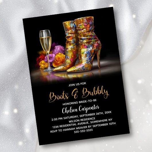 Gold Sequin Boots and Bubbly Bridal Shower 招待状