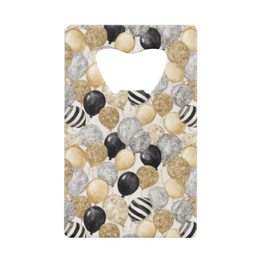 Gold Silver Black Balloons New Year Celebration クレジットカード栓抜き (正面)