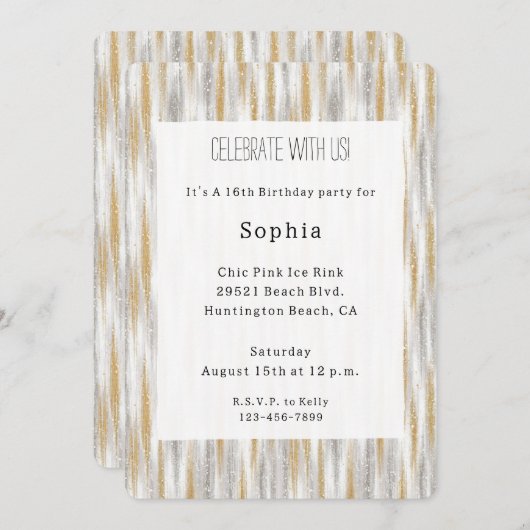 Gold Silver Chic Glam Glitzy Stripes Birthday 招待状 (正面/裏面)