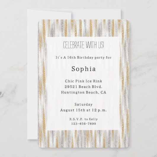 Gold Silver Chic Glam Glitzy Stripes Birthday 招待状 (正面)