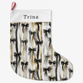 Gold Silver Christmas Black Ribbons & Bows ラージクリスマスストッキング (正面)