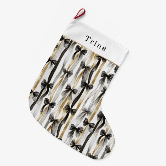 Gold Silver Christmas Black Ribbons & Bows ラージクリスマスストッキング (正面 (吊り時))