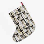 Gold Silver Christmas Black Ribbons & Bows ラージクリスマスストッキング (裏面 (吊り時))