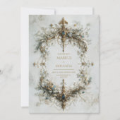 Gold Silver Frame Blue Gemstone Baroque Wedding 招待状 (正面)