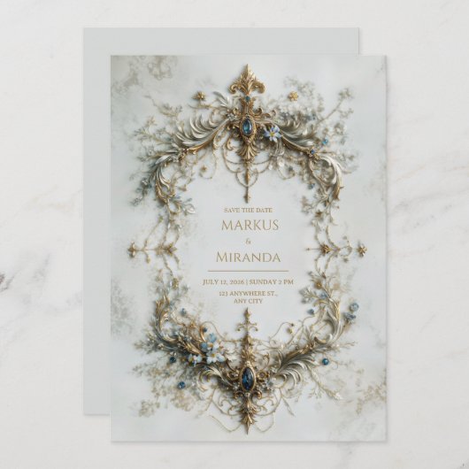 Gold Silver Frame Blue Gemstone Baroque Wedding 招待状 (正面/裏面)