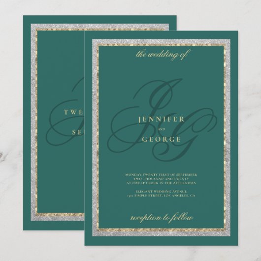 Gold silver jade green monogram initals wedding 招待状 (正面/裏面)