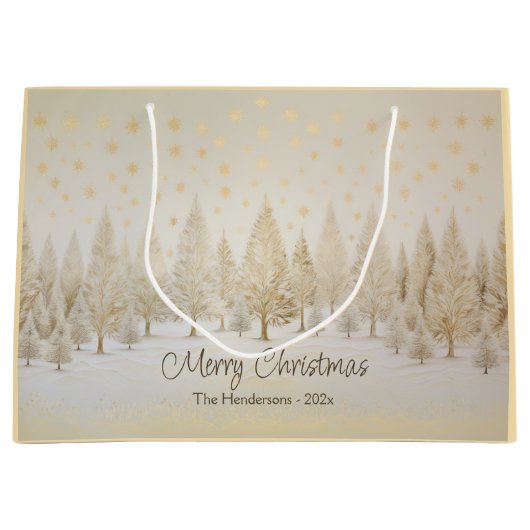 Gold Silver Pine Trees Personalized Christmas ラージペーパーバッグ (正面)