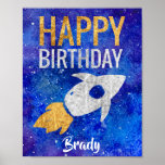 Gold Silver Rocket Ship Galaxy Birthday Party ポスター<br><div class="desc">Gold Silver Rocket Ship Galaxy Birthday Party Sign. Watercolor galaxy,  gold and silver faux foil rocket ship,  outer space themed birthday party supplies. www.SamAnnDesigns.com</div>