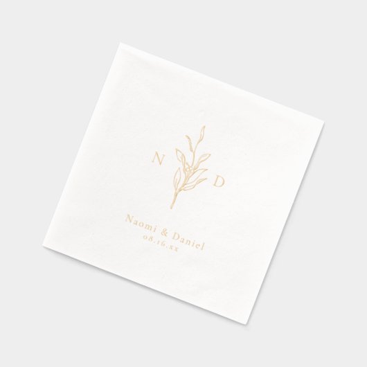 Gold simple botanical wedding monogram 箔ナプキン (左)