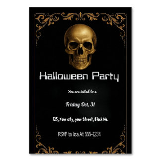 Gold Skull Halloween Party Invitation – Elegant Bl テーブルナンバー