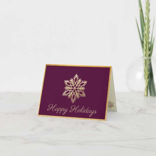 Gold Snowflake Burgundy Happy Holidays Card サンキューカード (正面)
