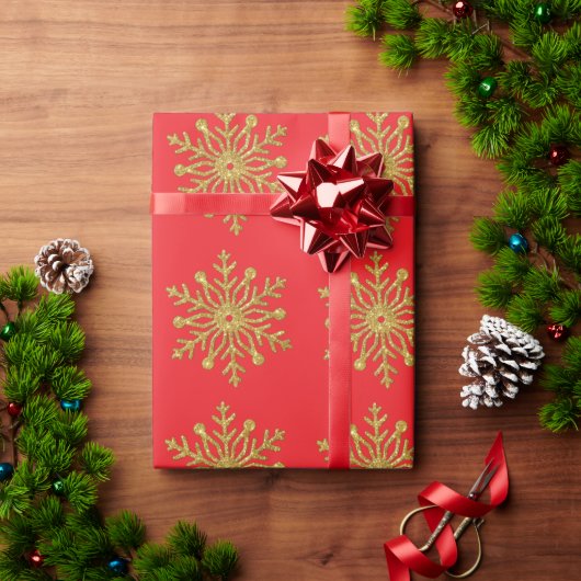 Gold Snowflake Red Wrapping Paper ラッピングペーパー (クリスマスギフト)